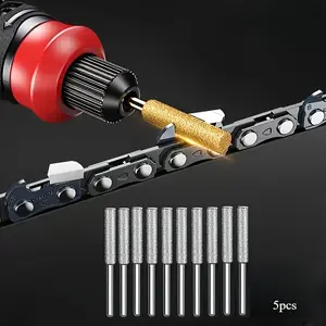 5pcs Diamond Chainsaw Sharpener Set, Tool Accessories, Titanium Coated Corundum Grinding Bits for Chain Saw, Jade, Glass, Metal, Wood Sharpening - Uncharged Power Mode