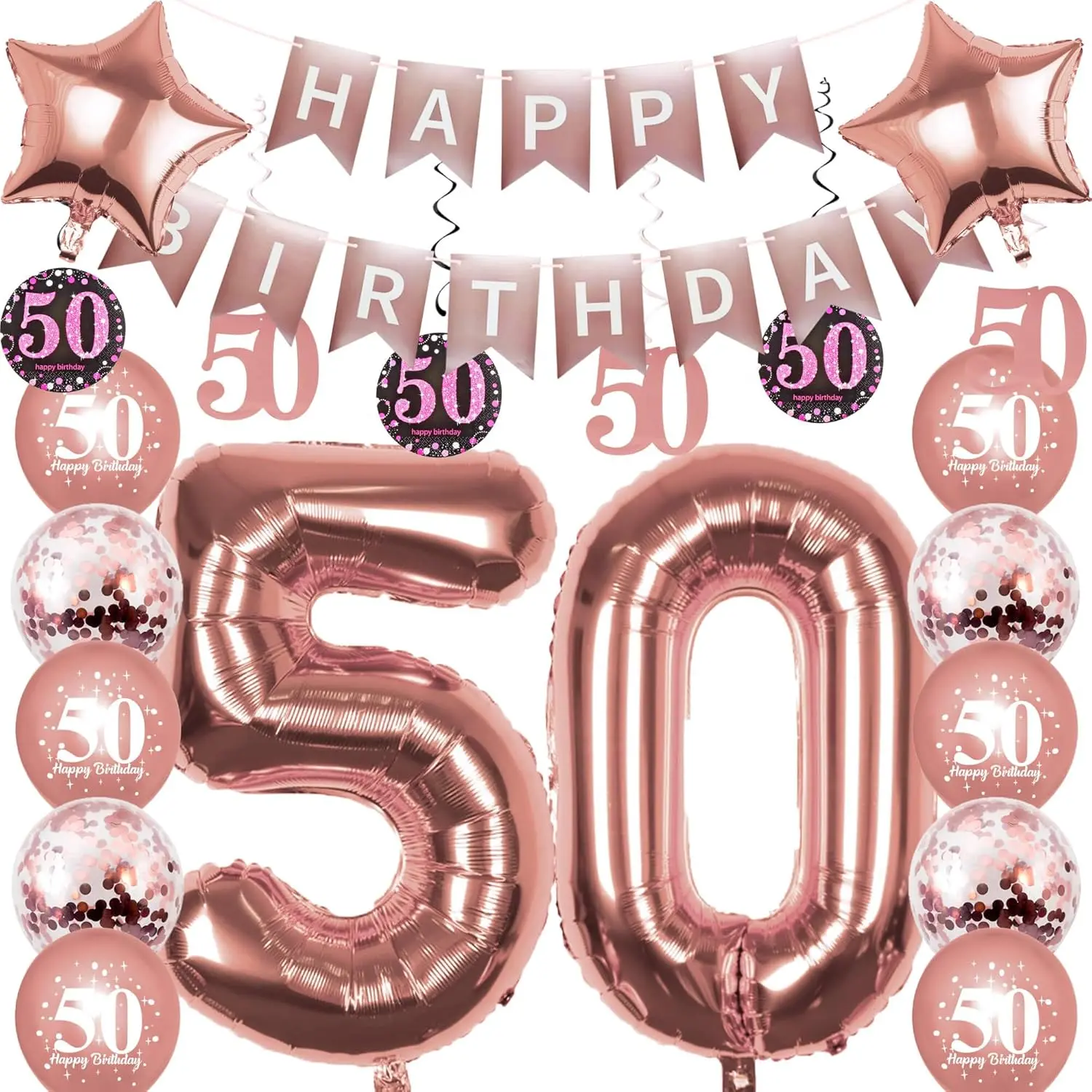 50th Birthday Decorations for Men Women,32in Number 50 Birthday Foil Balloons with Swirl Decorations Happy Birthday Banner and  Foil Balloons 10 count Confetii and Latex Balloons Rose