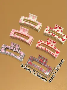 6pcs  Women Heart Printed Square Hair Clips, Sweet & Cute Style Hair Accessories, Suitable For Valentine's Day, Everyday Casual And Outdoor Wear, Party, Dating, Women Accessories, Valentine's Day Gift. Size: Approx. 3.35inch/8.5cm Flower Hair Clip