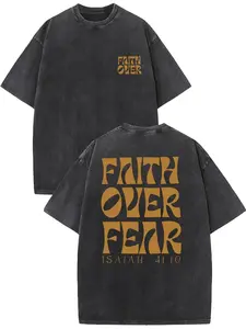 Men's 230g Heavyweight 100% Cotton T-Shirt - Y2K Faith Over Fear Verse (Isaiah 41:10) Print, Hip-Hop Streetwear Faith Apparel, Black & Golden Washed Round Neck Short Sleeve Casual Summer Top, Vintage Graphic Te