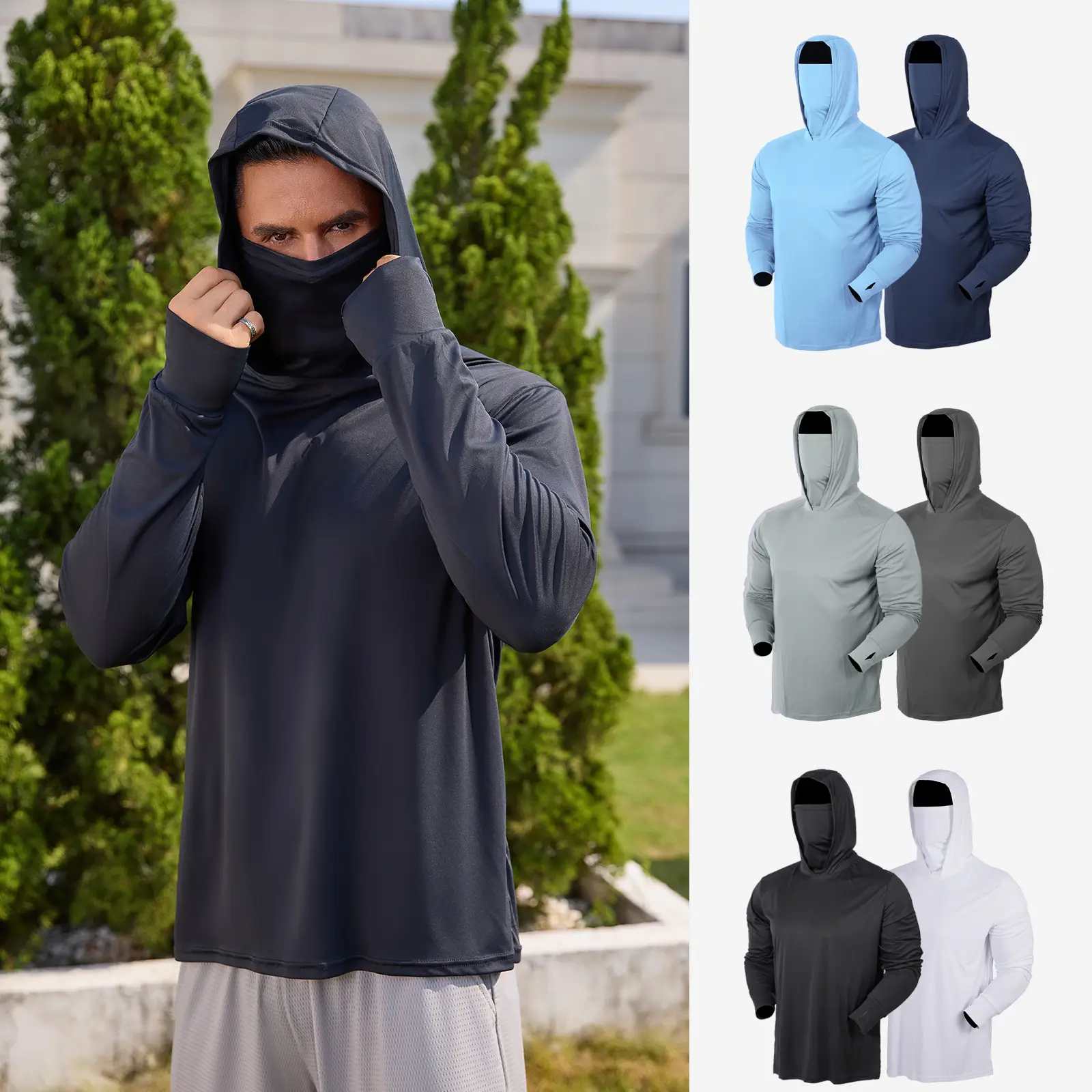 Men's UPF 50+ Hooded Solid Color Sun Protection Fishing Shirts with Face Mask - Long Sleeve UV Protection Hoodie Workwear with Neck Gaiter for Outdoor