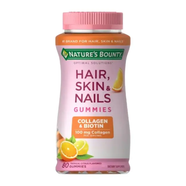 Nature's Bounty Optimal Solutions Hair, Skin & Nails with Biotin and Collagen, Citrus-Flavored Gummies Vitamin Supplement, 2500 mcg, 80 Ct, 40 Total Servings