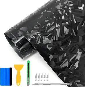 Forged Carbon Fiber Wrap, Gloss Black Vinyl Wrap for Cars Air Release Self Adhesive Sheet Film DIY Car Wraps Vehicle Morotcycle 1 Roll (Black with Tool Kits, 1FT 10FT)