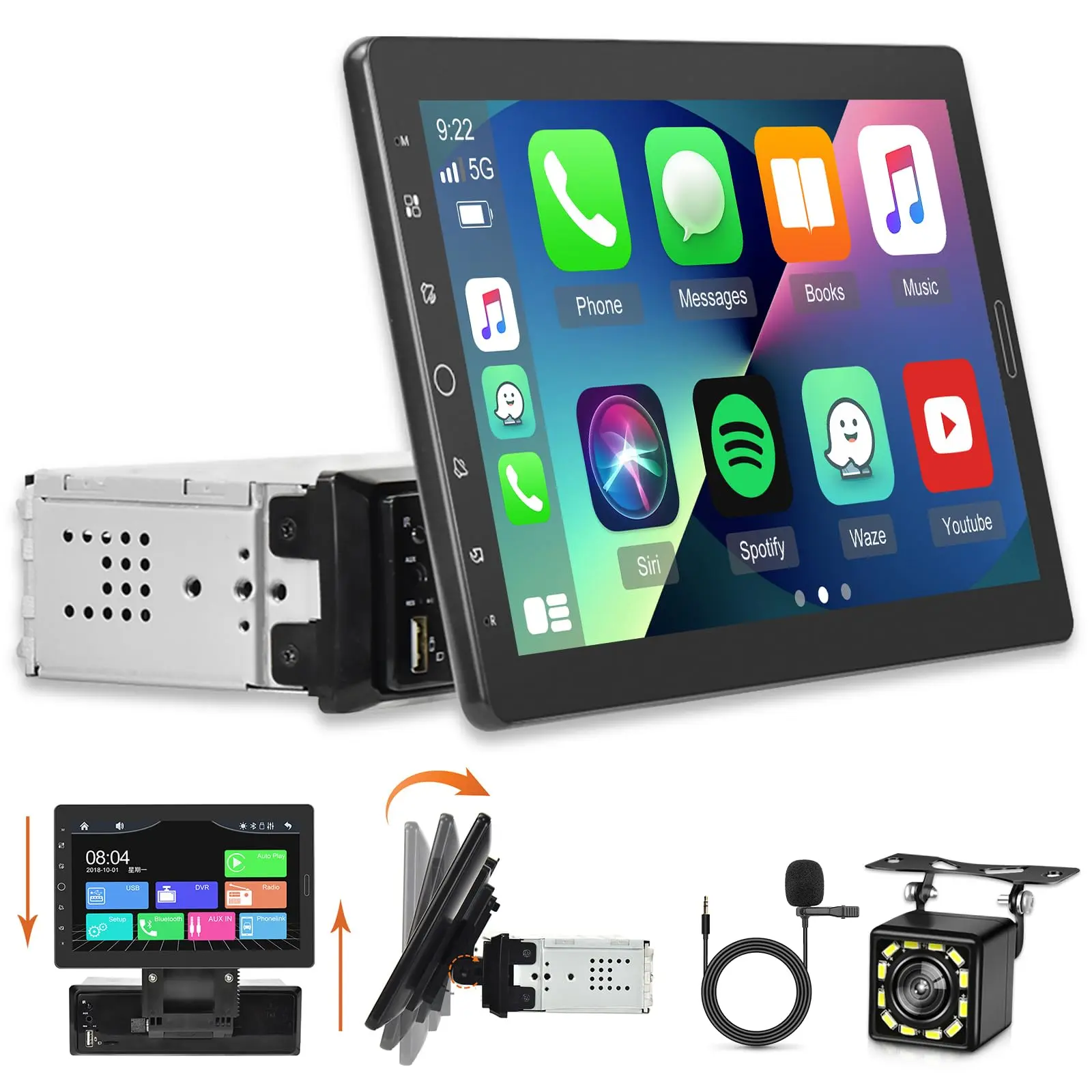 10.1-in Single Din Bluetooth Head Unit Car Video Player with Detachable Car Display Screen, Wired CarPlay, Android Auto, MirrorLink, Maps, 1080P Display, EQ Audio, SWC, Backup Camera, MIC, Aux Input (Father's Day Auto Accessory)
