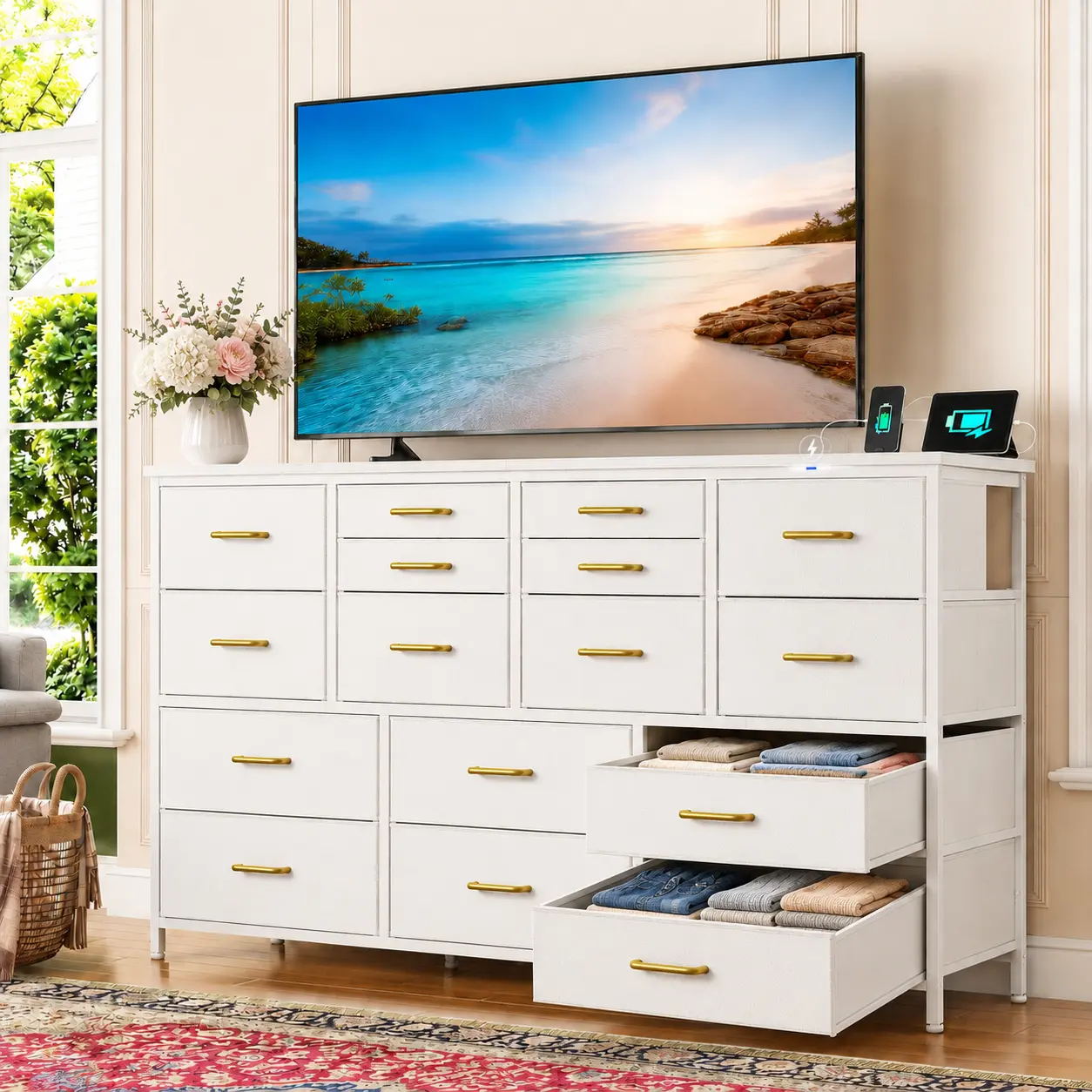 [24H-Support]Raybee Long Dresser with 16 Fabric Drawers for Bedroom, 55" Wide TV Stand with Charging Station, Large Storage Tower Console for Entryway Closet, Sturdy Wood Top Organizer for Apartment, Aesthetic Modern Furniture Christmas Gift #StorageHacks