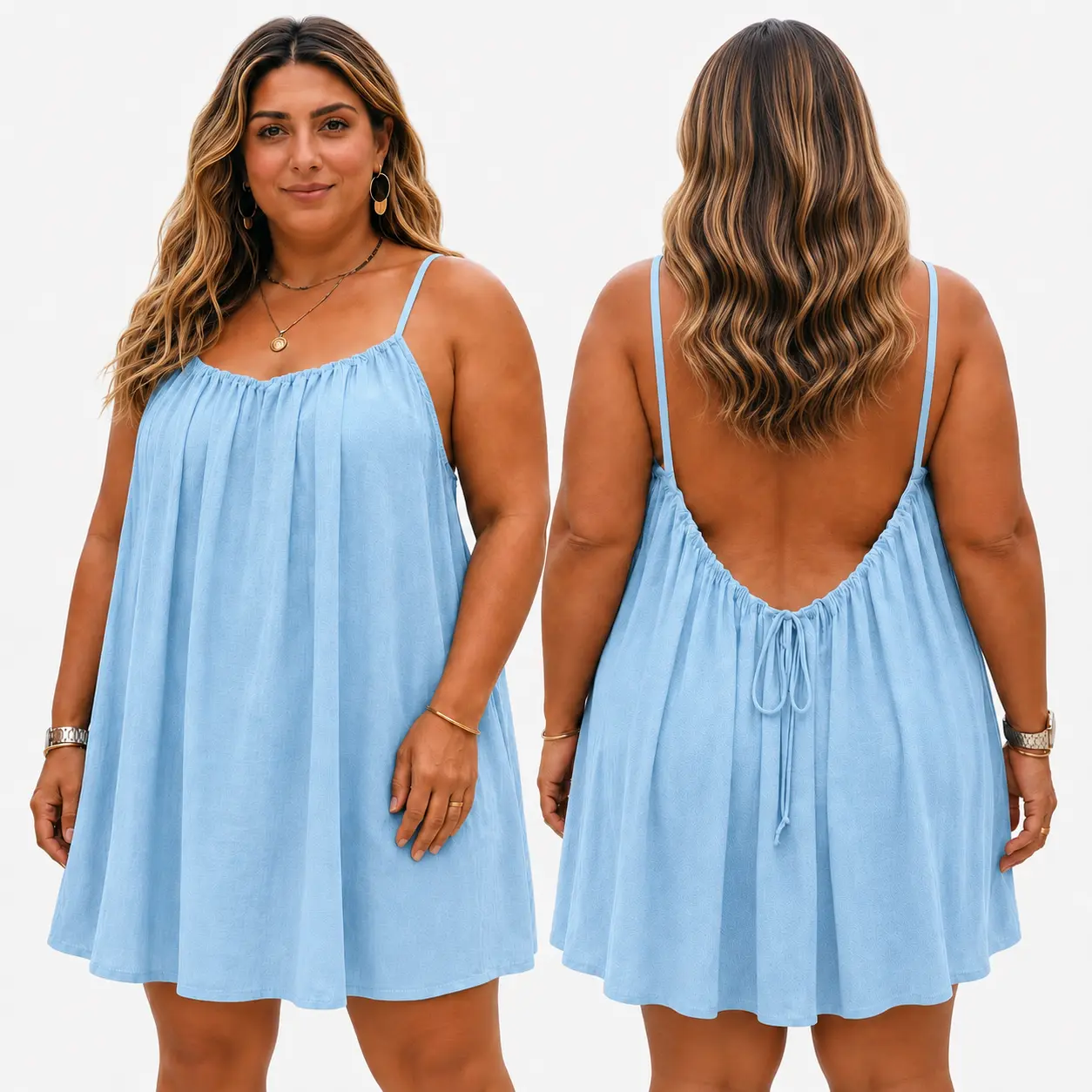Plus Size Women's Soft Comfortable Solid Color Backless Cami Spaghetti Strap Sports Dress - Feminine Sleeveless Short Beach Loungewear Night Sleepwear for Indoor, Outdoor Use, Smooth