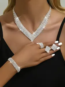 Luxurious V-Shape Necklace Bracelet Ring Earrings Set, Sparkling Evening Wear Jewelry, Maximalist Jewelry, High-Quality Fashion Accessories