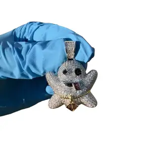 Ghost Emoji Iced Out 14k Gold Finish Funny Emoji Novelty Pendant + Free Steel AntiTarnish Rope Chain