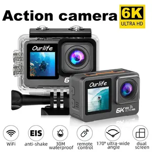 OURLIFE Action Camera 6K60FPS  Wi-Fi Dual Screen 170D 2.0 Inch Touch Screen 30M Waterproof  With Remote Control EIS Stabilizationction Camera Remote Control Sports Camera 5X Zoom with 32GB Card best gift for  Christmas camcorder vlogging camera  tilt