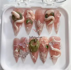 Handmade Snake-Inspired Jade & Lotus Nail Set, Unique Snake-Inspired Press On Nails, Crystal 3D Snake Design, Long Stiletto Nail, Party Nail Satamiis