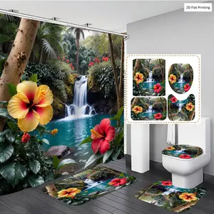 1/3/4PCS Tropical style Waterfall with Hibiscus Flowers Shower Curtain Set with Rugs, Non Slip Bath Mat, U-Shape Carpet, Toilet Lid Cover, Polyester Fabric Bathtub Curtain Accessories, 12 Hooks, Home Bathroom Festival Decor