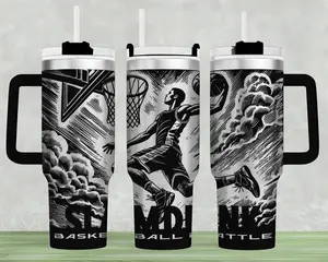 Exclusive Slam Dunk Basketball 40oz Tumbler – Black & White Basketball Player, Dunk Action, Sports Battle Design - High Quality
