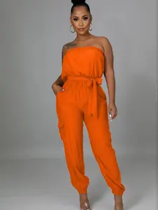 Women's Solid Belted Pocket Tube Jumpsuit, Casual Strapless Jumpsuit for Summer, Women's Jumpsuit for Daily Wear, casual comfy jumpsuit, Womenswear