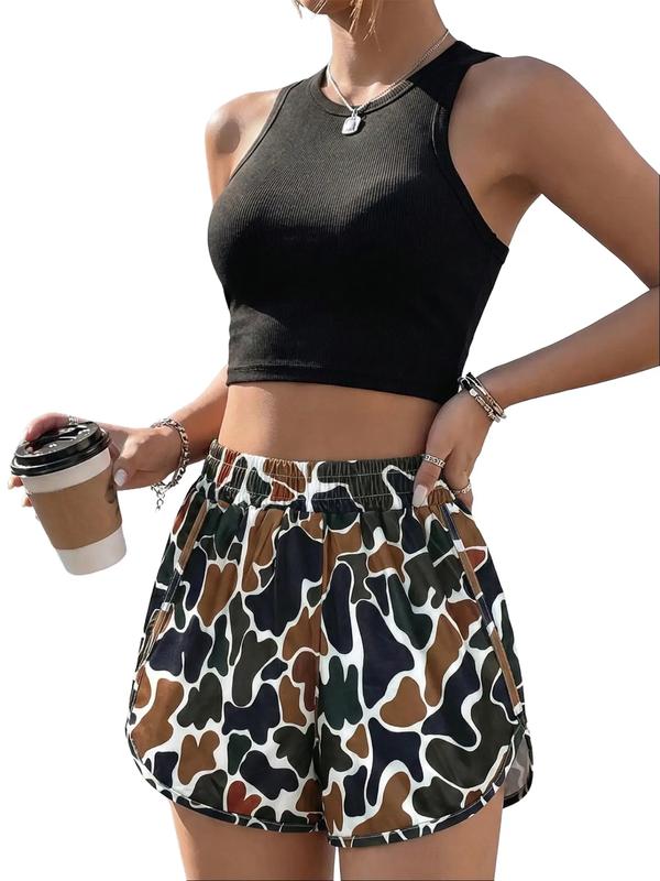 Women's Camo Cross Strap Micro Shorts Unique Pattern Couple Workout Casual Wear