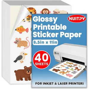 40 Sheets Glossy Sticker Paper, 8.5in x 11in Sticker Paper for Inkjet & Laser Printer, Self-adhesive Printable Sticker Papers, Vibrant Colors, Dries Quickly, US Letter Size