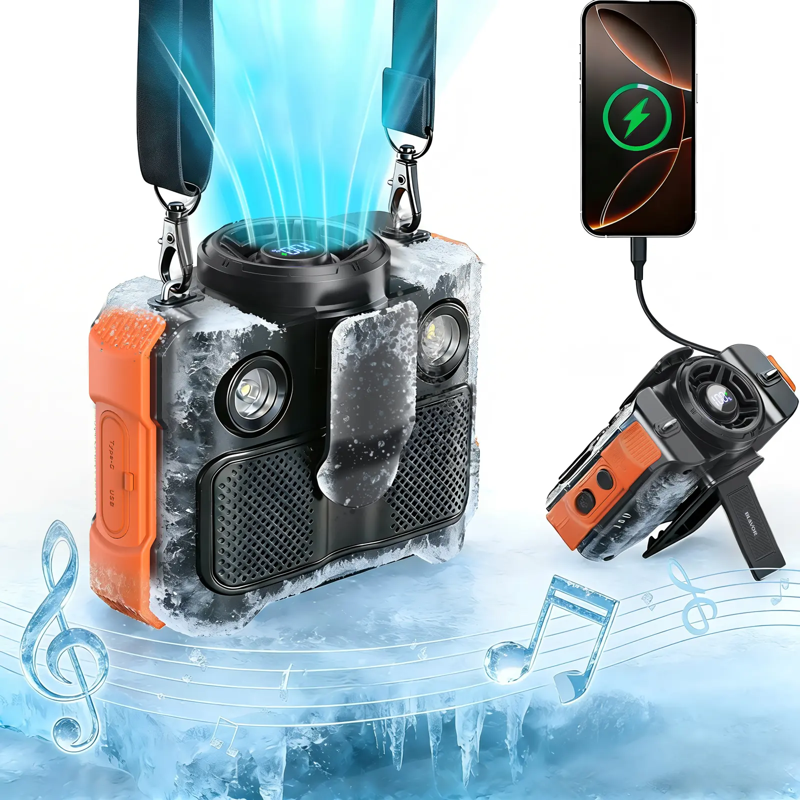 BLAVOR Waist Fan with Bluetooth Speaker & Power Bank, 8000mAh Battery, 16000RPM Max Airflow, 4.5–22H Runtime, LED Flashlight, Clip-on Wearable Belt Fan for Outdoor Work, Camping