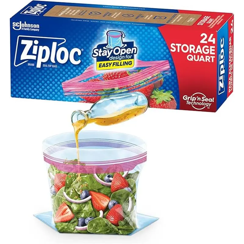 24 Count Kitchen Storage Bags Ziplock Stay Open Design with Stand Up Bottom Easy To Use Organiser Plastic