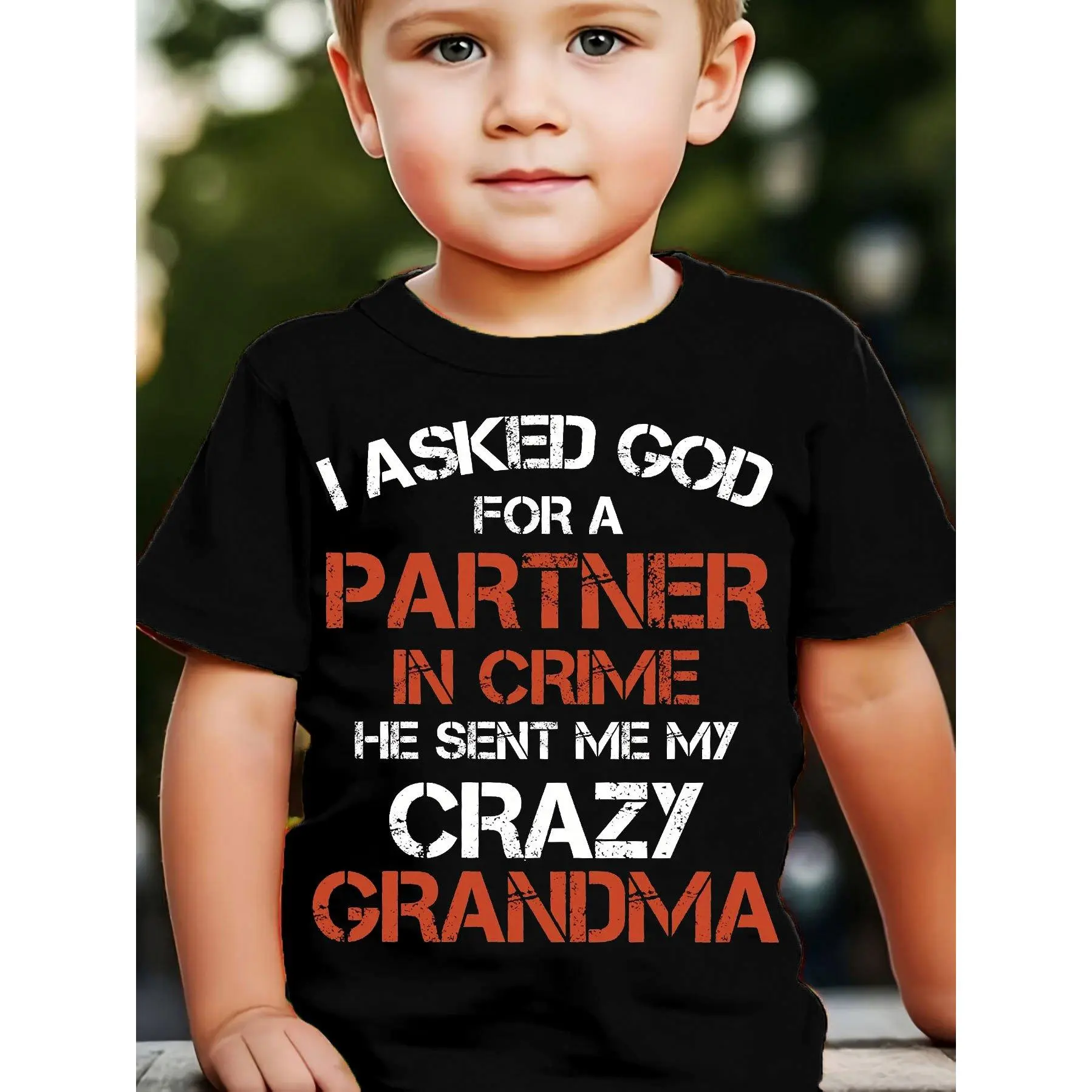 Boys Cotton T-shirt "I ASKED FOR A PARTNER IN CRIME HE SENT ME MY CRAZY CRANDMA"Print for Comfortable and Casual Round Neck Short Sleeves