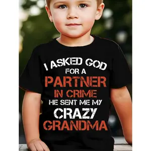 Boys Cotton T-shirt "I ASKED FOR A PARTNER IN CRIME HE SENT ME MY CRAZY CRANDMA"Print for Comfortable and Casual Round Neck Short Sleeves