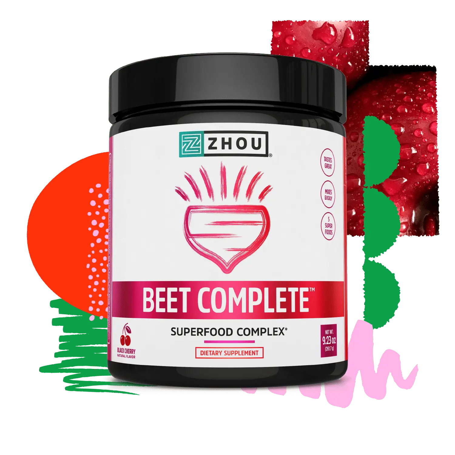 ZHOU NUTRITION Beet Complete Superfood Complex Dietary Supplement for Fitness with Black Cherry Flavor