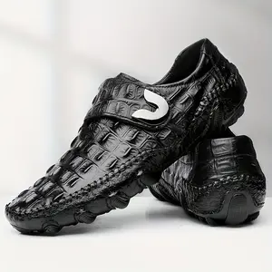 Men's Croc Effect Loafer Shoes With Hook And Loop Fastener, Comfy Non-slip Slip On Shoes, Men's Footwear