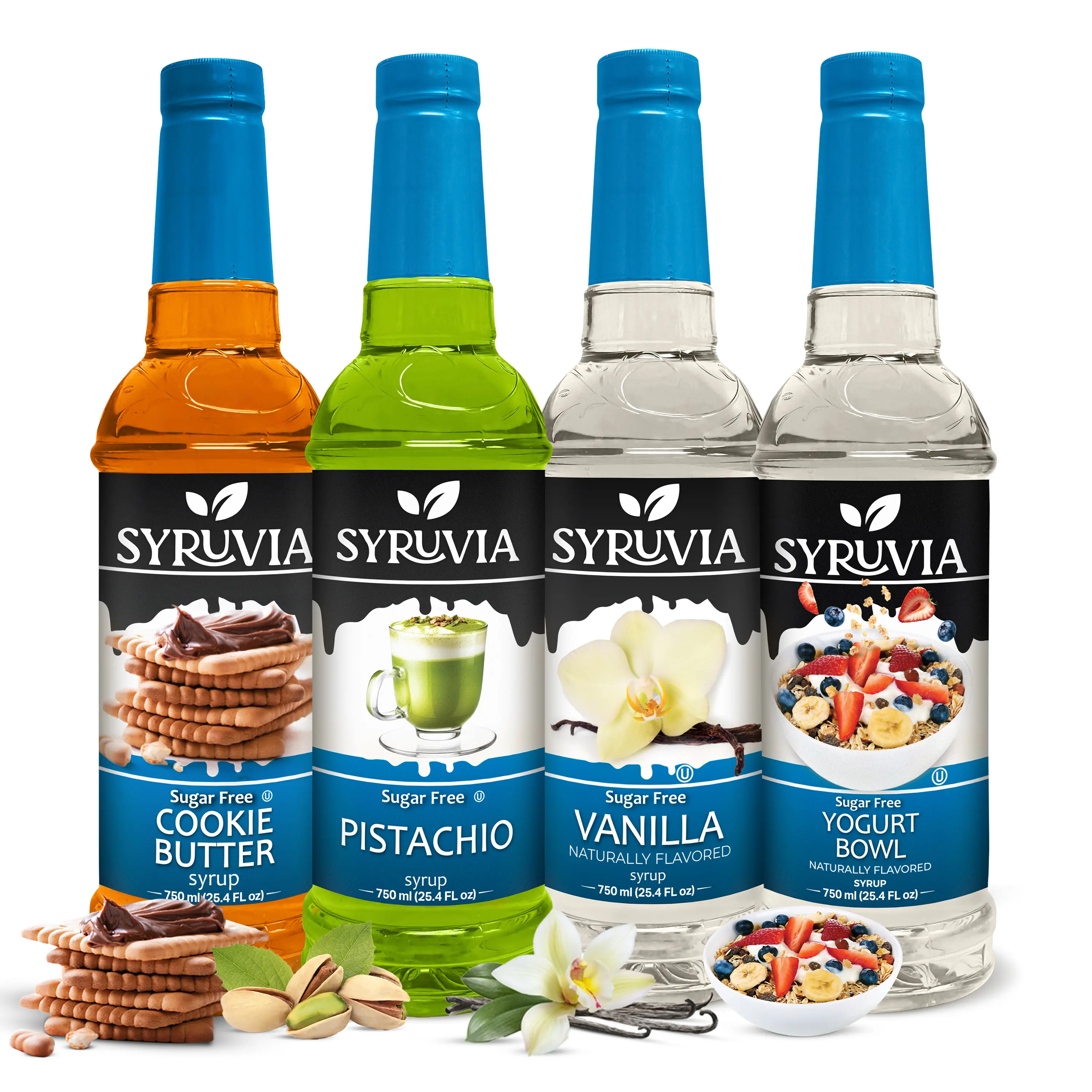 Syruvia Sugar Free Sweet Syrups & Concentrates Variety Pack - Cookie Butter, Pistachio, Vanilla Syrups & Concentrates, Yogurt Bowl Flavors - Gluten-Free, Kosher, 25.4 fl oz - 4-Pack for Coffee, Beverages, Desserts