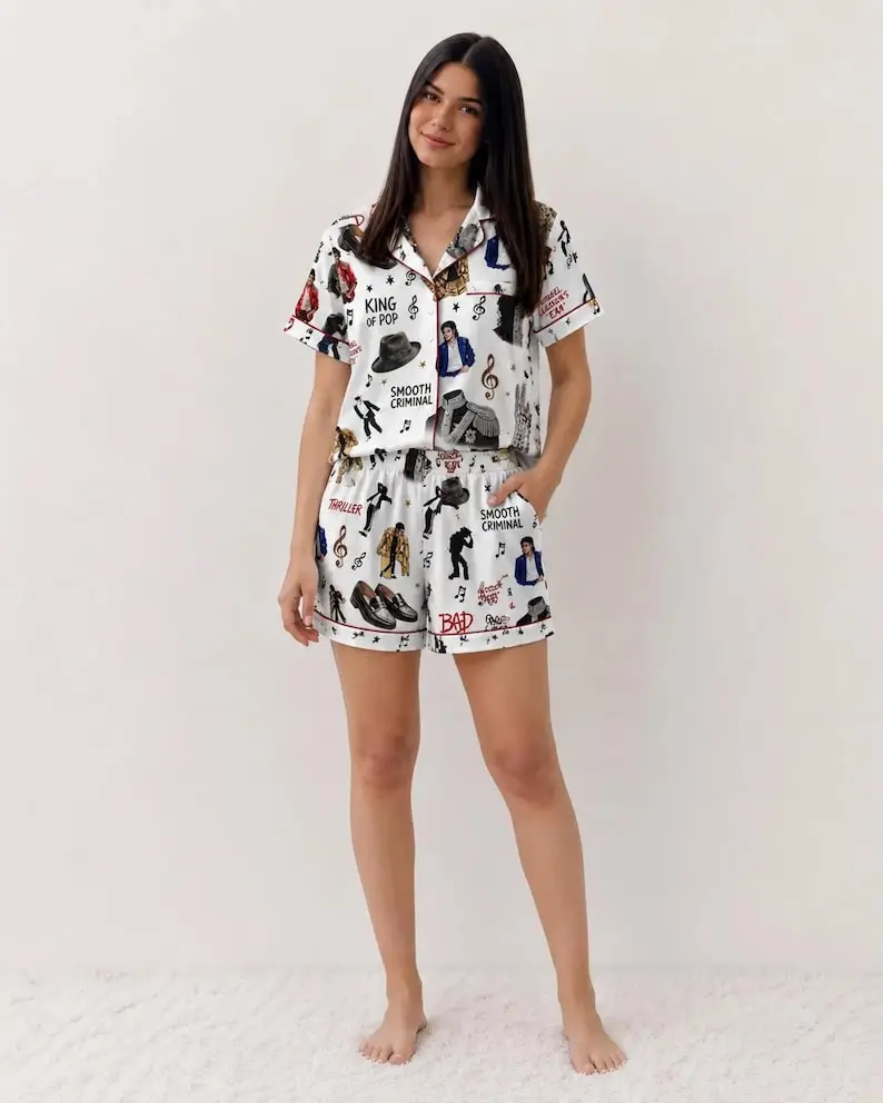 Michael J4cks0n Pajama Set Thriller Happy Halloween Short Sleeve Loungewear Comfy Casual Nightwear King Of Pop Sleepwear Fan Gift