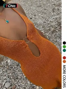 Elegant French Style Deep V Neck Sleeveless Knit Dress, Summer Party Vest Top, Beach Vacation, Fitted Plain Design