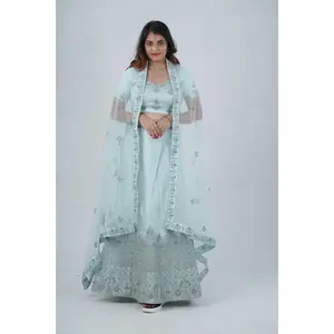 Designer Stone Work Lehenga & Crop Top Ensemble - Light Blue