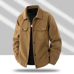 Classic men’s fleece-lined denim jacket, long sleeves with front buttons, chest pocket, made from durable non-stretch denim fabric, comfortable and versatile outerwear, suitable for outdoor hiking trips