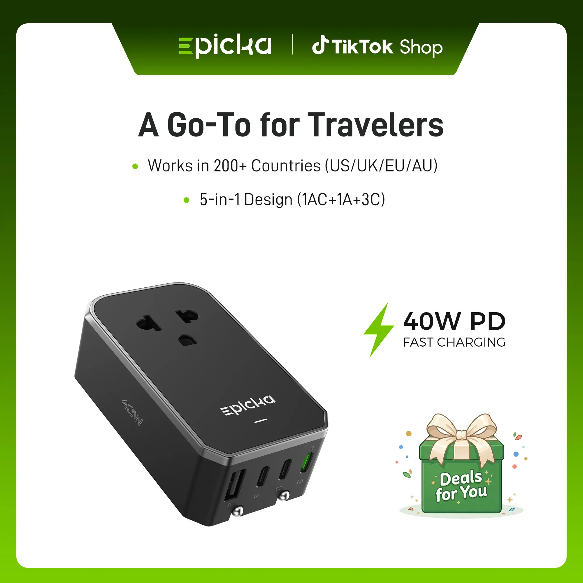 Epicka Air 40W GaN Power Adapter - Fold-Flat Prongs Lightweight Phone Charger, 5-Ports USB Fast Charging Dual Charging Adapters for Smartphones, Electronic Devices