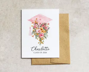 Pink Graduation Card, Watercolor Floral Grad Cap, Colorful Flower Congratulations Card for New Grad 2026, Personalized Grad Gift for Her