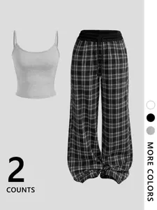 Women's Vintage Plaid Wide Leg Pants Set, Tight Strap Top, Casual Loose Fit, Summer Streetwear, School Commute, Light Date