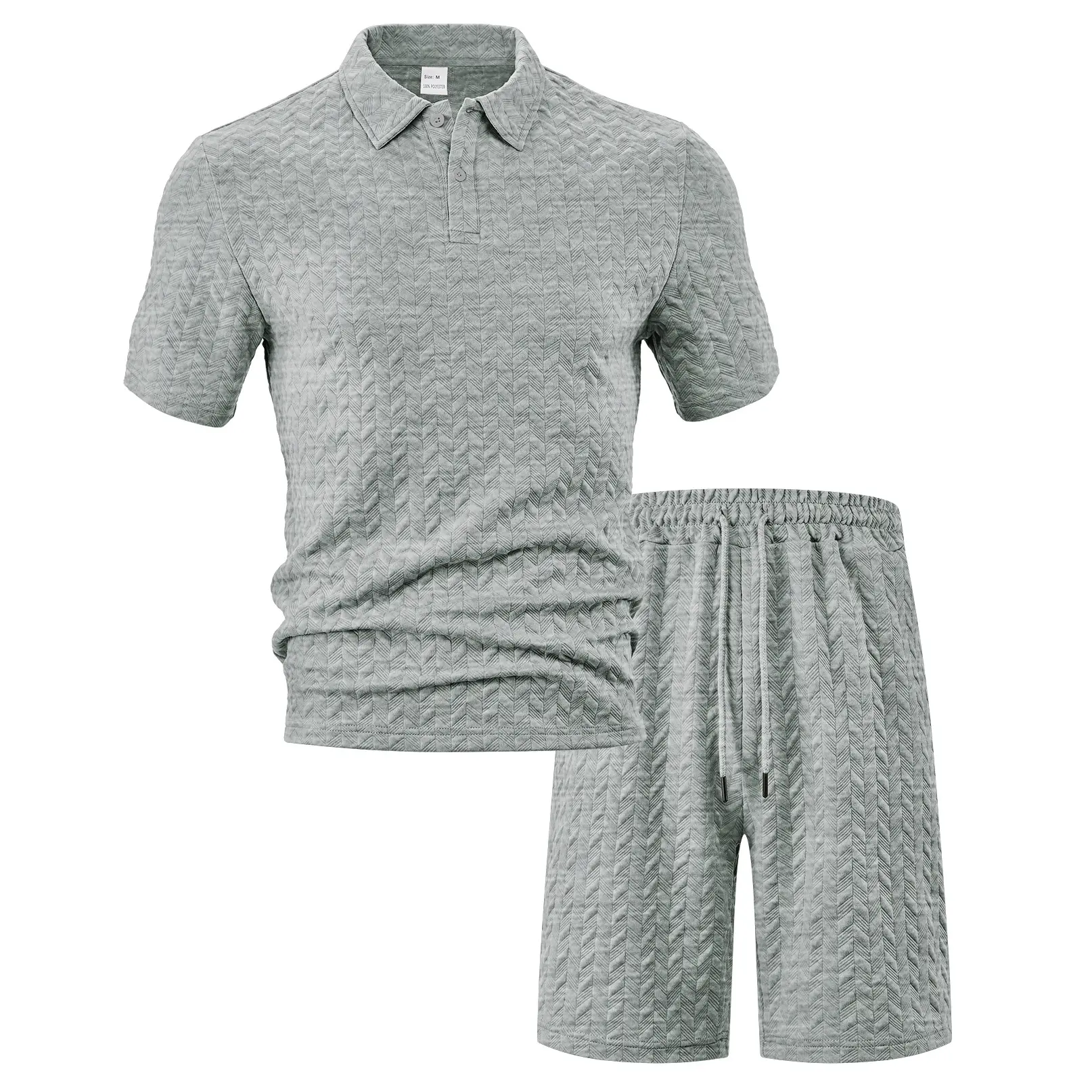 Men's 2-Piece Summer Clothing Set - 3D Jacquard Short-Sleeve Turn-Down Collar Polo Shirt + Elastic Drawstring Mid-Length Shorts, Breathable Athletic Wear for Casual Outings, Commuting