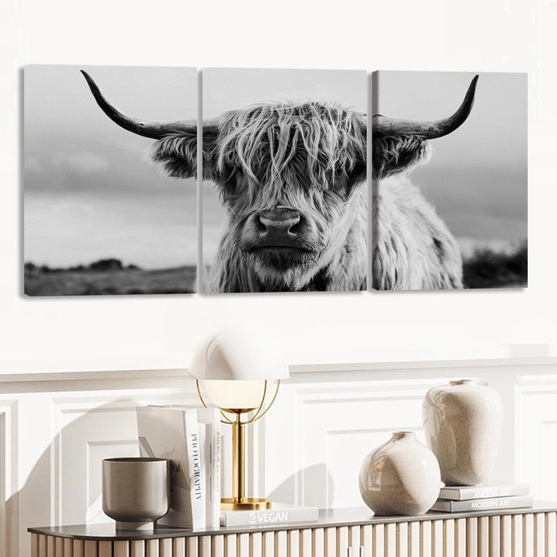 3Pcs Wooden Framed Canvas Painting, Black And White Highland Cow Portrait, Exquisite Poster, Home Decoration, Pattern Wall Art Decor, For Living Room, Bedroom, Office, Restaurant, Bar Wall Decor, Odorless, Painting, Print Artwork.