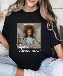 Night Shift Nurse “I Live Here Now” T-Shirt Funny Exhausted RN Graphic Tee, Coffee Loving Nurse Life Shirt, Gift for Nurses, In My Night Shift Era Shirt