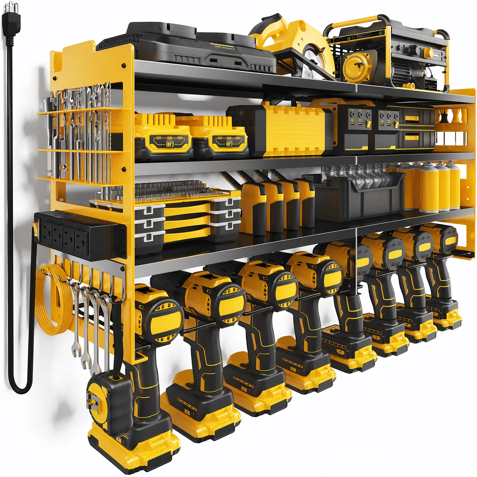 Sweetcrispy LIVE - Large Power Tool Organizer Wall Mount with Charging Station 4-Outlet Power Strip, Heavy-Duty 600-LB Load Capacity, 4-Tier Tool Storage Utility Racks for Garage Workshop