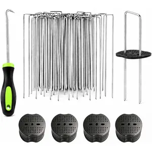 Garden Stakes,6 Inch 11 Gauge 50 count Galvanized Landscape Staples + 50 count Gaskets + 1Pick Hook, U-Shaped Heavy Duty Ground Stakes for Weed Barrier Fabric, Turf, Sod, Ground Cover