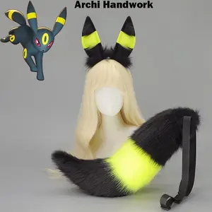 Archi Handwork Umbreon Furry Headband Tail Animal Ears Plush Headwear Fursuit Cosplay Performance Props