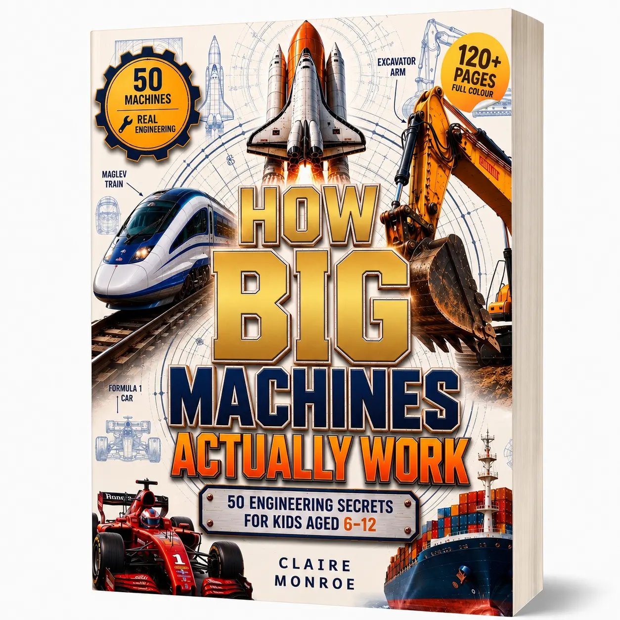 Claire Monroe Children's Learning English Book for Kids Aged 6-12 - Full-Colour Engineering Book with 50 Machines, Cutaway Diagrams, STEM Activities