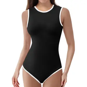 Color-Block Sleeveless Round Neck Casual Stretchy Basic T Shirt Bodysuit Tops Womenswear Black And White plus size tummy flattering clothes bodysuit for women body set 2 piece bodysuit shapewear