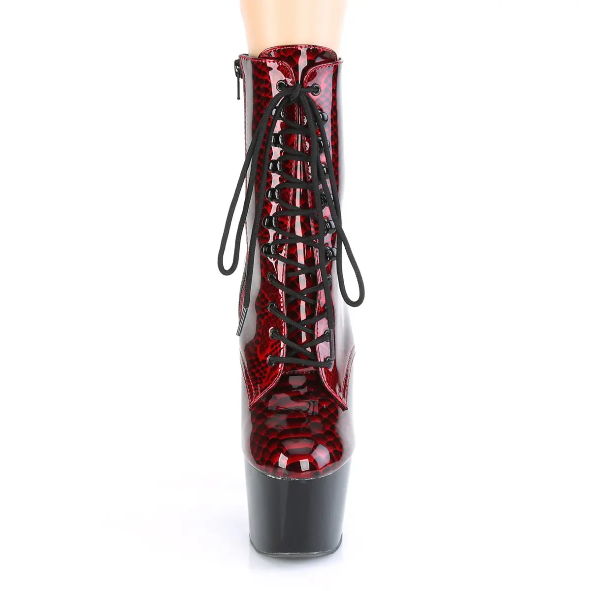 Platform Ankle Boots for Women, Red Snake Animal Print with a 7" Stiletto Heel and 2.75" Platform, Lace-Up with Zip Closure, Footwear, Ankle Length, Shoe, 7 In, Inside Zip, Height Increase Solutions