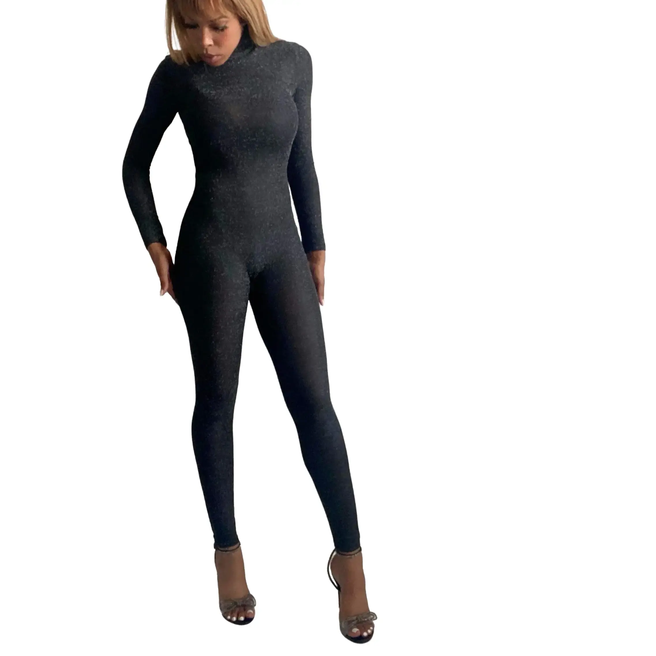 Sexy Backless Glitter Jumpsuit with Removable Mask - Plain Polyester All Seasons Stretchy Catsuit for Women Party Wear