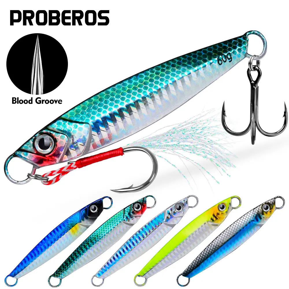 PROBEROS METAL JIG LURES SET – 21g (3/4oz) or 40g (1.4oz) 5-Pack – Blood Groove, Double Hooks, Shore Jigging, Inshore, Bass, Striper – Choose Your Weight or Buy Both Fishing Equipment