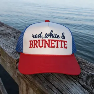 Women's Red White & Brunette Patriotic Embroidered Mesh Snapback Trucker Hat - Canvas Adjustable Country Baseball Cap, 4th of July Summer Outfit Accessory, Party Gift