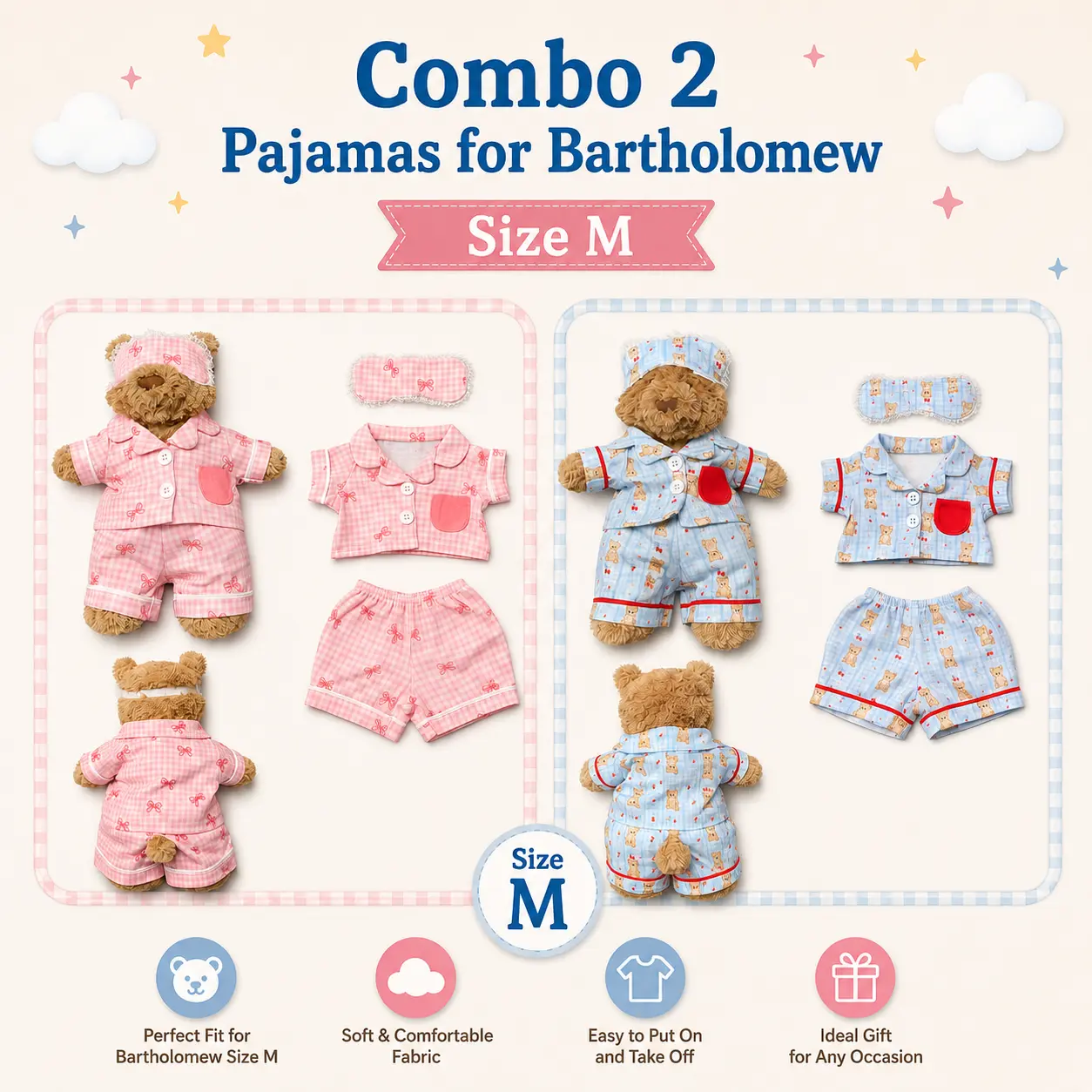 SET OF 2 PAJAMAS, Pajamas Set for Bartholomew jellycat with sleep mask for Medium-sized bear, pajamas & sleep mask, cute pajamas, ( Bear Not Included )