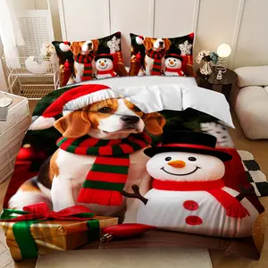 Bedding 3-piece set - 3PCS,Merry Christmas red, white and gold dog and snowman gift box design down comforter set (1 comforter cover + 2 pillowcases, filling not included). soft and comfortable, suitable for family bedrooms.