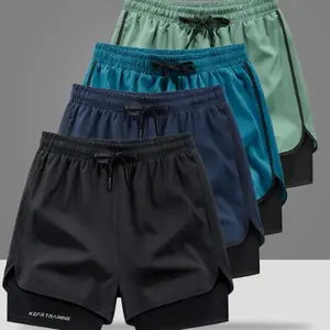 Men's Sports Shorts Fake Two-Piece Gym Pants Four-Pack Quick Dry Breathable for Running Soccer Training in Black Blue Red Navy