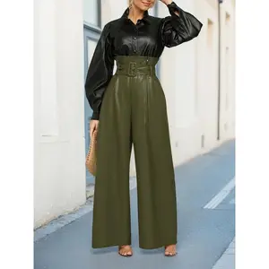 Women's Olive Green High Waist Wide Leg Pants Faux Leather PU with Metal Belt Casual Solid Color Cropped Long Length Loose Fit Bottoms GK418648