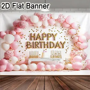 2D flat banner, 1pcPink & White Balloon Happy Birthday Backdrop, Gold Foil Banner & Cake Table Decor, Soft Pink White Gold Festive Party Setup